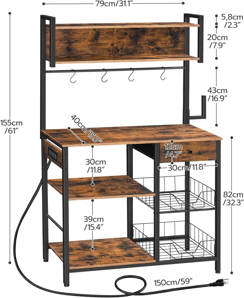 HOOBRO Bakers Rack with 4 AC Power Outlets, 5-Tier Coffee Bar with Wire Basket, Microwave Stand with Paper Holder and Drawer, Kitchen Storage Shelf, Rustic Brown and Black BF84UHB01 - Image 3